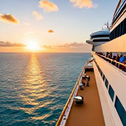 Caribbean Holidays, Bahamas Cruises, Golden sunset over a Bahamas cruise ship with calm turquoise sea and passengers enjoying the deck