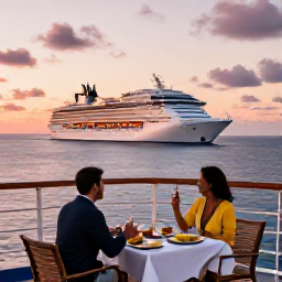 Caribbean Holidays, Bahamas Cruises January, A couple enjoying a sunset meal on the deck of a Bahamas cruise ship, with calm sea and pastel evening sky