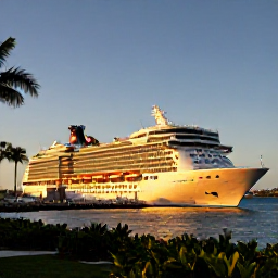 Caribbean Holidays, Bahamas Cruises January, A cruise ship departing Nassau harbour at golden hour, with palm-lined waterfront and glowing evening light
