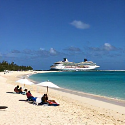 Caribbean Holidays, Bahamas Cruises January, A peaceful white-sand beach on a private Bahamian island, with cruise passengers relaxing under umbrellas beside calm turquoise water