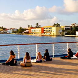 Caribbean Holidays, Bahamas Cruises January, Passengers relaxing on a cruise deck overlooking Nassau harbour and the colourful waterfront in warm sunshine