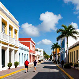Caribbean Holidays, Bahamas Cruises January, Travellers strolling through colourful streets in Nassau, Bahamas, with colonial buildings, palm trees and sunny blue skies