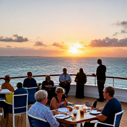 Caribbean Holidays, Bahamas Cruises July, A friendly cruise ship deck at sunset with passengers enjoying dinner, music and views across the Bahamian sea