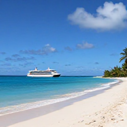 Caribbean Holidays, Bahamas Cruises July, A small cruise tender approaching a peaceful Bahamian island with shallow blue water, bright sand and a few palm trees