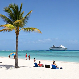 Caribbean Holidays, Bahamas Cruises July, Travellers relaxing on a white sandy beach in Nassau with palm trees, calm turquoise sea and colourful umbrellas