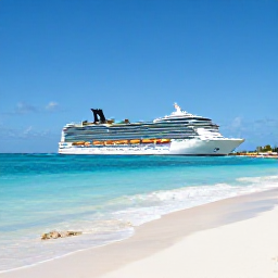 Caribbean Holidays, Bahamas Cruises June, A modern cruise ship sailing past turquoise Bahamian water and bright white sand under a clear June sky