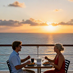 Caribbean Holidays, Bahamas Cruises June, Couple enjoying dinner on an open cruise deck at sunset, with the Bahamian sea glowing beyond them