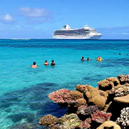 Caribbean Holidays, Bahamas Cruises June, Cruise passengers snorkelling above colourful coral and tropical fish in clear Bahamian water near a sunny island