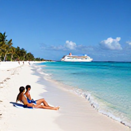Caribbean Holidays, Bahamas Cruises June, Visitors relaxing on a white sandy Bahamian beach with clear shallow water, palm trees and a cruise ship in the distance