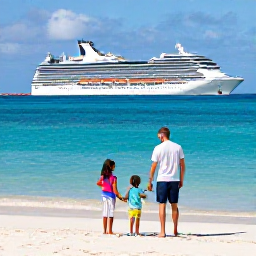 Caribbean Holidays, Bahamas Cruises March, A happy family enjoying a sandy beach and calm turquoise sea beside a Bahamas cruise excursion