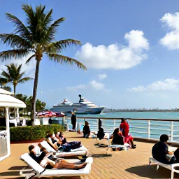 Caribbean Holidays, Bahamas Cruises March, Passengers relaxing on a sun deck with palm trees and Nassau harbour visible in the distance