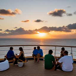 Caribbean Holidays, Bahamas Cruises May, Cruise passengers enjoying an outdoor deck at sunset, with the Bahamas visible in the distance and a relaxed holiday atmosphere