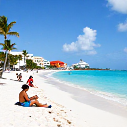 Caribbean Holidays, Bahamas Cruises May, Visitors relaxing on a white sandy beach in Nassau with turquoise water, palm trees and colourful local buildings