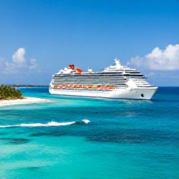 Caribbean Holidays, Bahamas Cruises, Modern cruise ship sailing past turquoise Bahamian water, with sunny skies, white sand islands and gentle waves