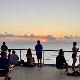 Caribbean Holidays, Bahamas Cruises October, Cruise passengers enjoying an evening on deck as the sun sets over the calm Bahamas sea in October