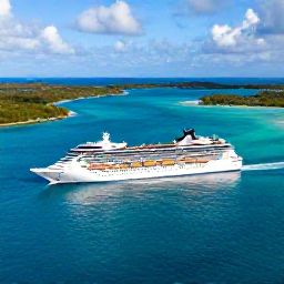 Caribbean Holidays, Bahamas Cruises October, Modern cruise ship sailing past bright turquoise water and low green islands in the Bahamas during October sunshine