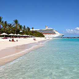 Caribbean Holidays, Bahamas Cruises October, White sandy beach and shallow crystal-clear sea on a private Bahamian island with cruise guests relaxing under umbrellas