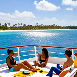 Caribbean Holidays, Bahamas Cruises, Passengers enjoying a relaxed cruise deck with palm-fringed Bahamian islands and sparkling blue sea in the background