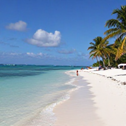 Caribbean Holidays, Bahamas Cruises, Small Bahamian island with a pristine white beach, palm trees, clear shallow water and visitors enjoying a calm shore excursion