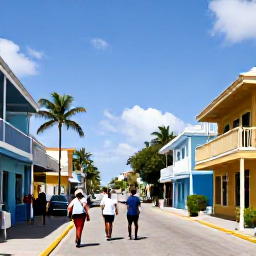 Caribbean Holidays, Bahamas Cruises, Travellers exploring colourful streets and historic buildings in Nassau, Bahamas, with palm trees and clear blue sky