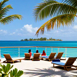 Caribbean Holidays, Bahamas Cruises, Travellers relaxing on a sunny cruise deck with palm-fringed Bahamian islands in the distance