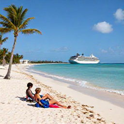 Caribbean Holidays, Bahamas Cruises, Travellers relaxing on a white sandy Bahamian beach beside calm turquoise sea, with palm trees and a cruise ship offshore
