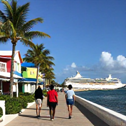 Caribbean Holidays, Bahamas Cruises, Travellers walking along a sunlit Nassau waterfront with colourful buildings, palm trees and a cruise ship in the harbour
