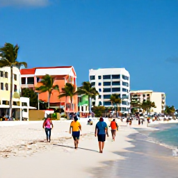 Caribbean Holidays, Bahamas Cruises, Visitors walking along a sandy beach in Nassau with colourful buildings and palm trees in the background
