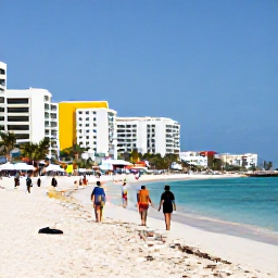 Caribbean Holidays, Bahamas Cruises, Visitors walking along a white sandy beach in Nassau with bright Caribbean buildings, palm trees and turquoise water