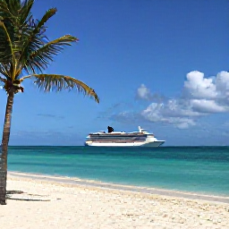 Caribbean Holidays, Bahamas Cruises, White sandy beach with palm trees, calm turquoise sea and a cruise ship anchored offshore in The Bahamas