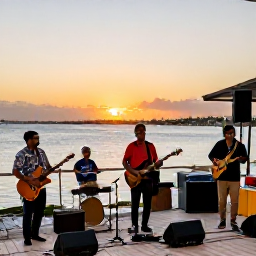 Caribbean Holidays, Bahamas Culture Holidays, Friendly Bahamian musicians performing live at a relaxed waterfront venue during sunset