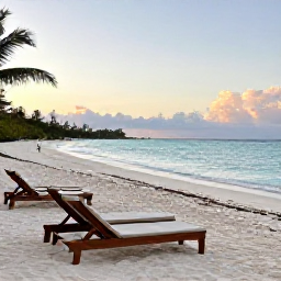 Caribbean Holidays, Bahamas December, A peaceful adults-only resort beach in The Bahamas at sunrise, turquoise water, white sand, and comfortable loungers