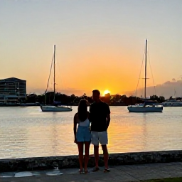 Caribbean Holidays, Bahamas December Breaks, Couple enjoying a sunset harbour view in Nassau, Bahamas, with sailboats and warm evening light