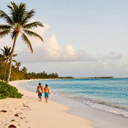 Caribbean Holidays, Bahamas December, Couple walking along a quiet Bahamian beach in December, clear shallow sea, palm trees and soft golden afternoon light