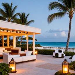 Caribbean Holidays, Bahamas December, Elegant adults-only resort terrace in The Bahamas decorated for Christmas, lanterns, palm trees and ocean views