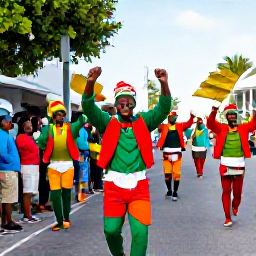 Caribbean Holidays, Bahamas December, Festive Bahamian street scene in December with Junkanoo dancers, colourful costumes, drums and smiling spectators