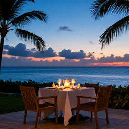 Caribbean Holidays, Bahamas December, Romantic sunset dinner for two at a Bahamian adults-only resort, ocean horizon, candlelit table and tropical evening sky