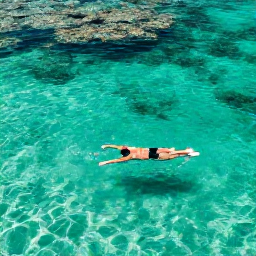 Caribbean Holidays, Bahamas December Wellness, Calm turquoise lagoon in The Bahamas with a person swimming gently, bright coral reef visible beneath the surface