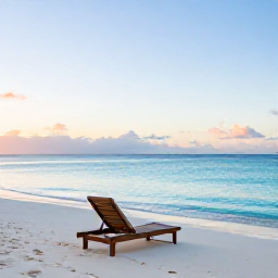 Caribbean Holidays, Bahamas December Wellness, Quiet white-sand beach in the Bahamas at sunrise, calm turquoise water, soft December light, one empty sun lounger