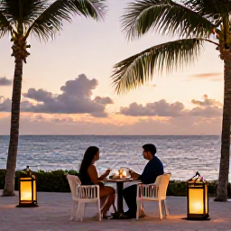 Caribbean Holidays, Bahamas December Wellness, Relaxed Bahamian evening scene with a couple dining outdoors near the sea, lanterns, palm trees and soft sunset colours