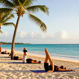 Caribbean Holidays, Bahamas December Wellness, Traveller enjoying a gentle beach yoga session in The Bahamas, palm trees, turquoise sea and warm morning sunlight