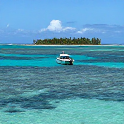 Caribbean Holidays, Bahamas Diving, A small dive boat travelling across calm turquoise sea towards a Bahamian reef, with palm-fringed islands in the background