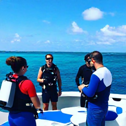 Caribbean Holidays, Bahamas Diving December, Friendly dive guide checking scuba equipment with visitors on a sunny Bahamas boat before a reef dive