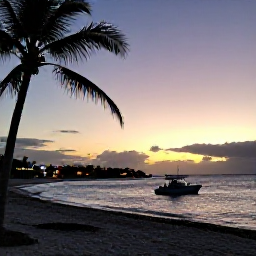 Caribbean Holidays, Bahamas Diving December, Palm-fringed Bahamas beach at sunset with a small dive boat offshore and festive island lights in the distance