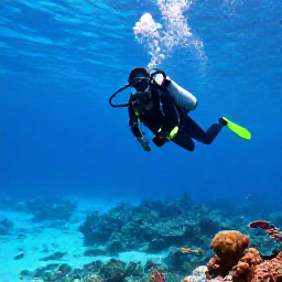 Caribbean Holidays, Bahamas Diving February, A scuba diver exploring a clear Bahamian reef in bright February sunshine, colourful tropical fish and coral visible in the blue water