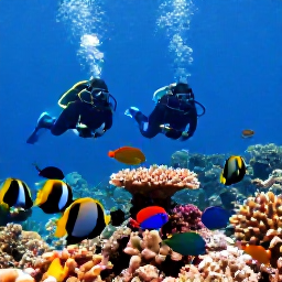 Caribbean Holidays, Bahamas Diving February, Divers swimming beside a healthy coral reef with angelfish, parrotfish and tropical reef fish in the Bahamas