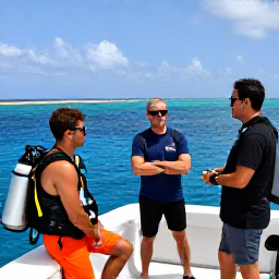 Caribbean Holidays, Bahamas Diving February, Friendly professional dive guide briefing holidaymakers on a boat before a scuba dive in the Bahamas