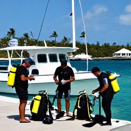 Caribbean Holidays, Bahamas Diving February, Friendly scuba instructors preparing equipment beside a dive boat at a Bahamian marina, with palm trees and turquoise sea behind them