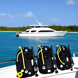 Caribbean Holidays, Bahamas Diving February, Modern dive boat beside a tropical Bahamian island, with scuba equipment ready for a February reef excursion