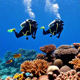 Caribbean Holidays, Bahamas Diving February, Scuba divers swimming above a colourful Bahamian coral reef with tropical fish and clear blue visibility